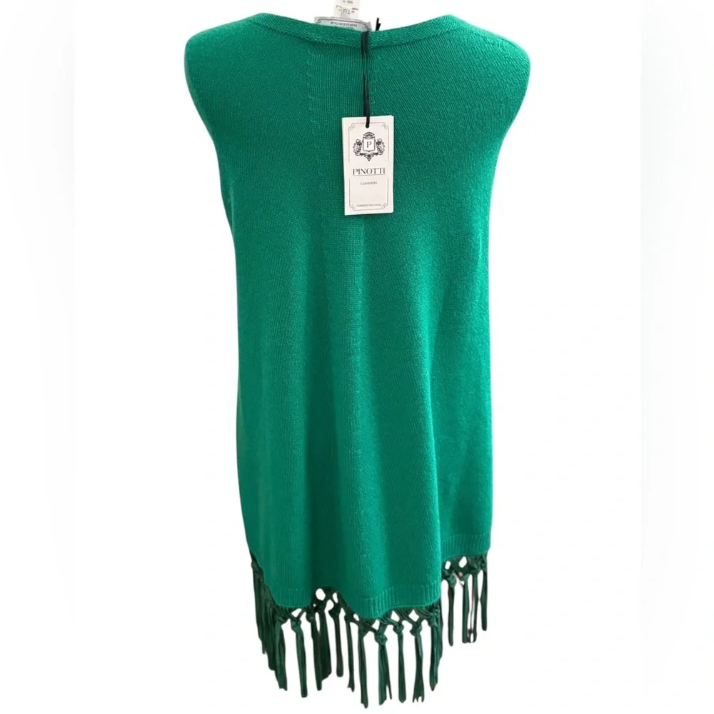 PINOTTI NWT  Green Cashmere Wool Blend Green Poncho/Cape with Leather Fringe